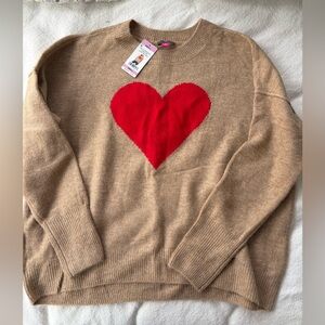Vince Camuto Tan Crewneck Sweater with Red Heart